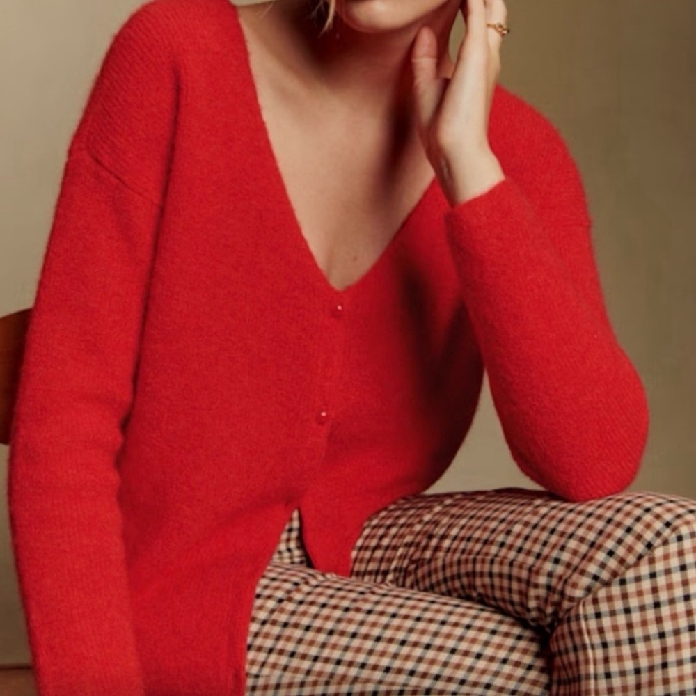 Sezane Sz L Barry Knit Red V-Neck Super Kid Mohair Baby Alpaca Cardigan Sweater